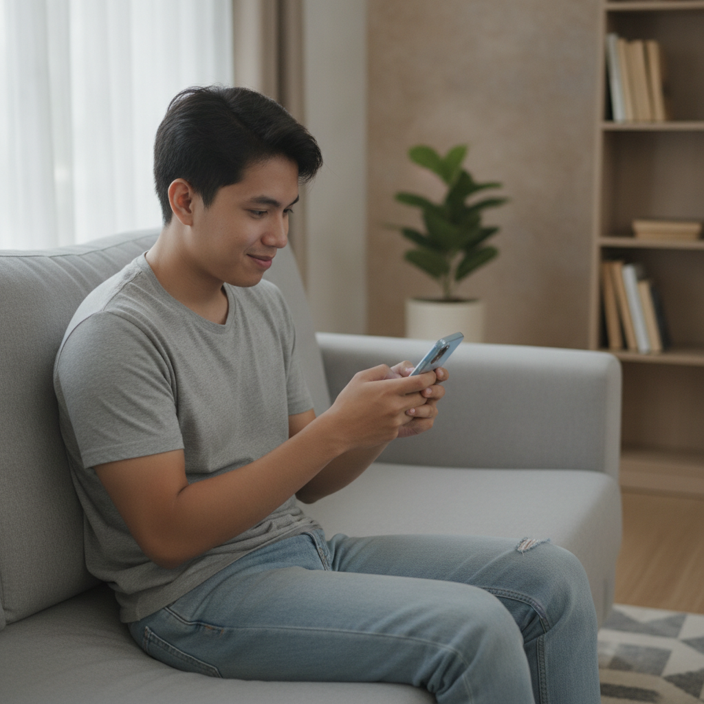 Filipino player learning to use online casino on mobile phone at home